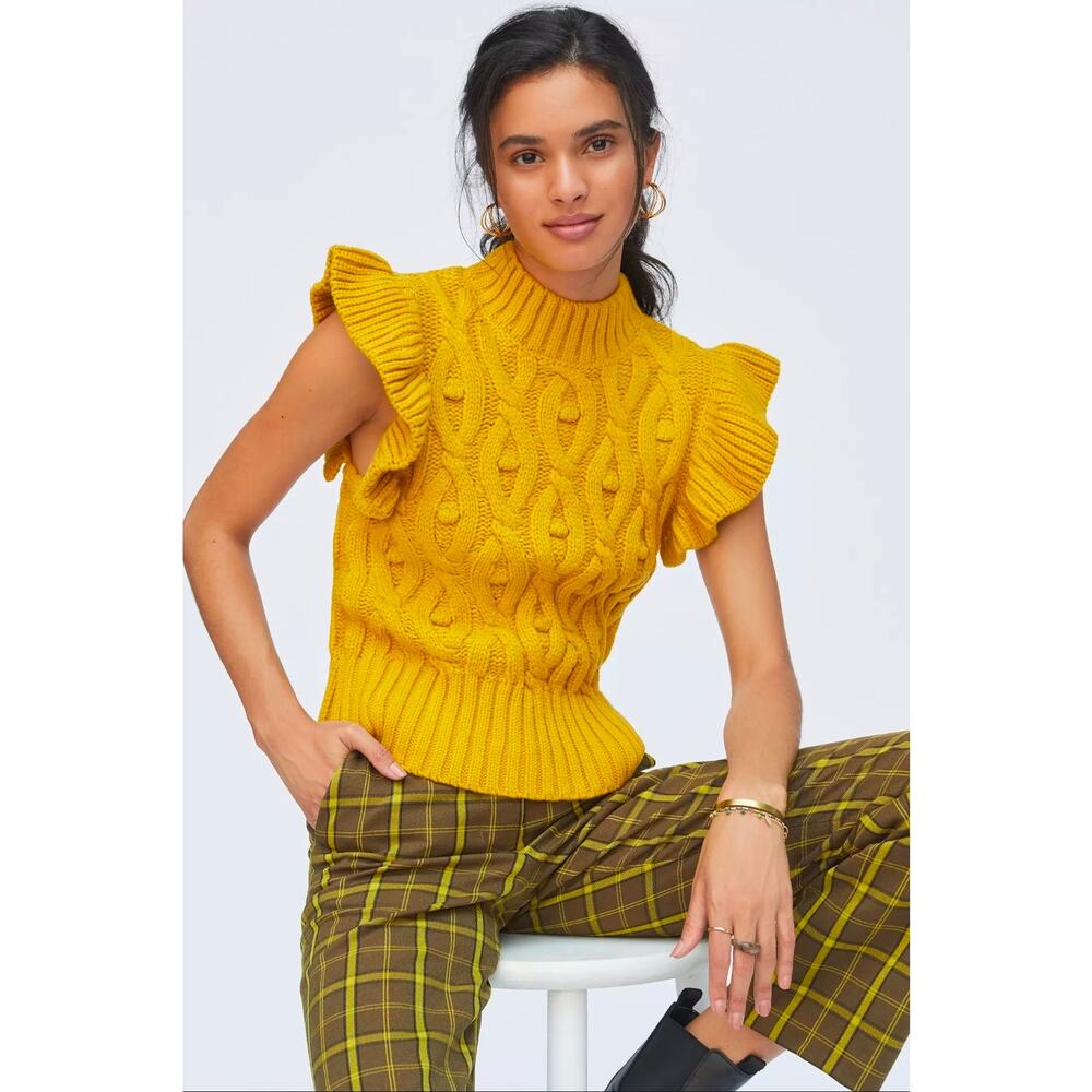NEW Anthropologie Chunky Knit Flutter Sleeved Yellow Sweater Vest, Size XL, NWT